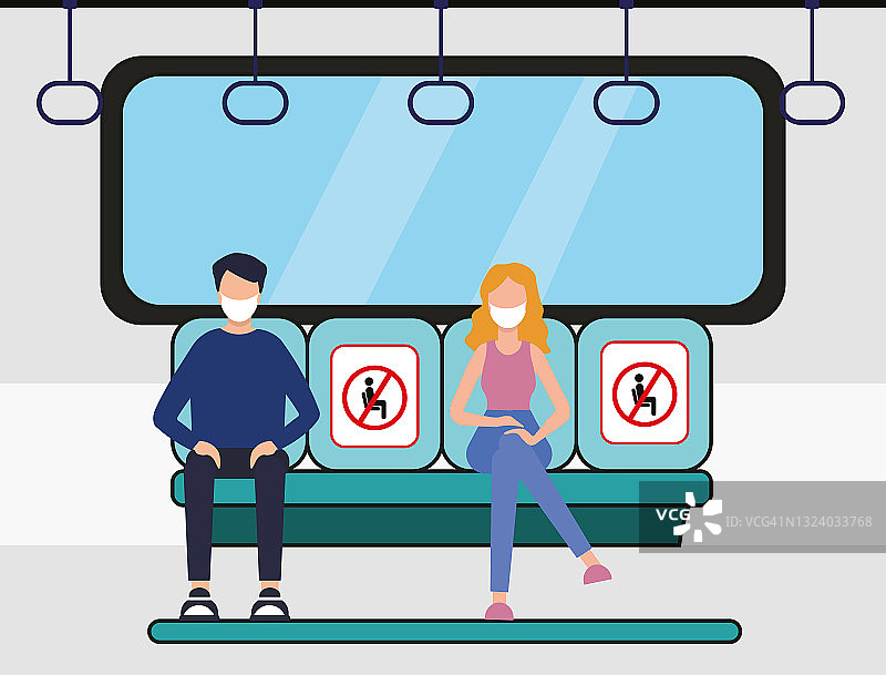 公共交通，请为您的健康社交距离媒介留空，由于冠状病毒大流行，人们正戴着医用口罩乘坐地铁和火车。与火车上的人保持社交距离的概念。图片素材