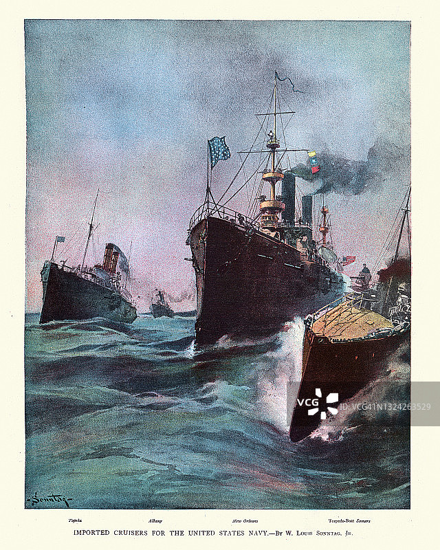 美国海军舰队，巡洋舰和鱼雷艇，19世纪图片素材