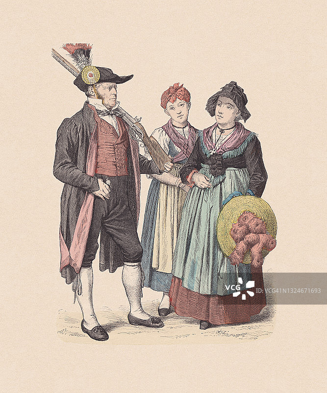 19世纪，德国服饰、巴登、手工着色木刻，大约1880年出版图片素材