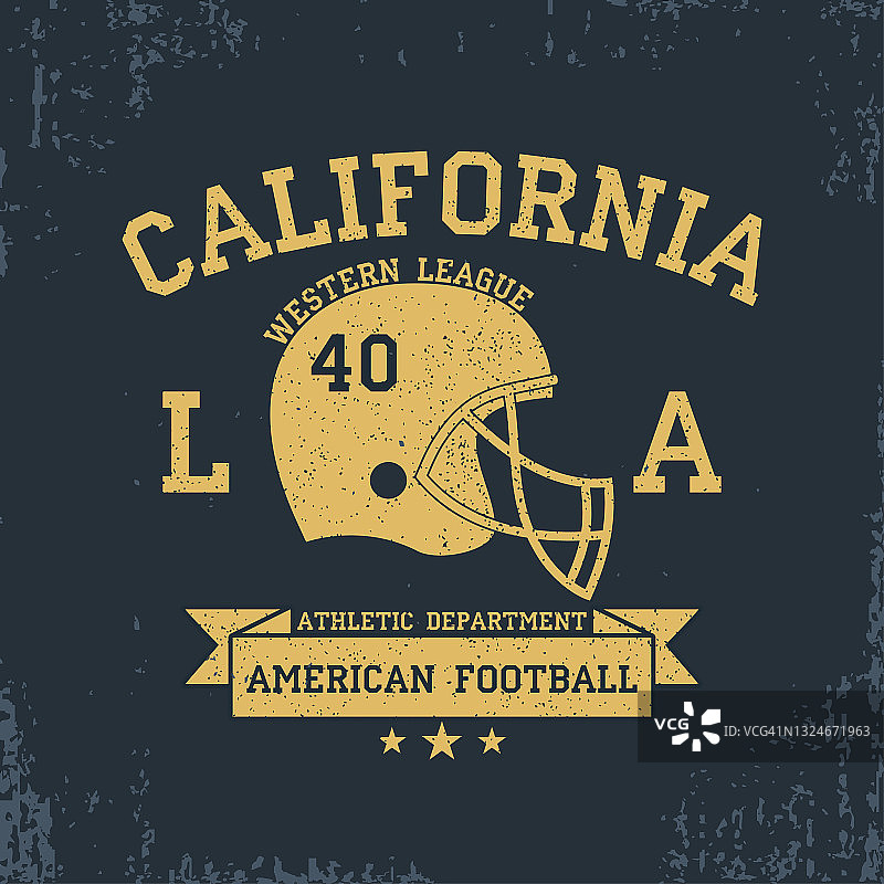 美式足球，加州运动排版。t恤图案，头盔，丝带。打印运动服，服装，衣服。向量图片素材