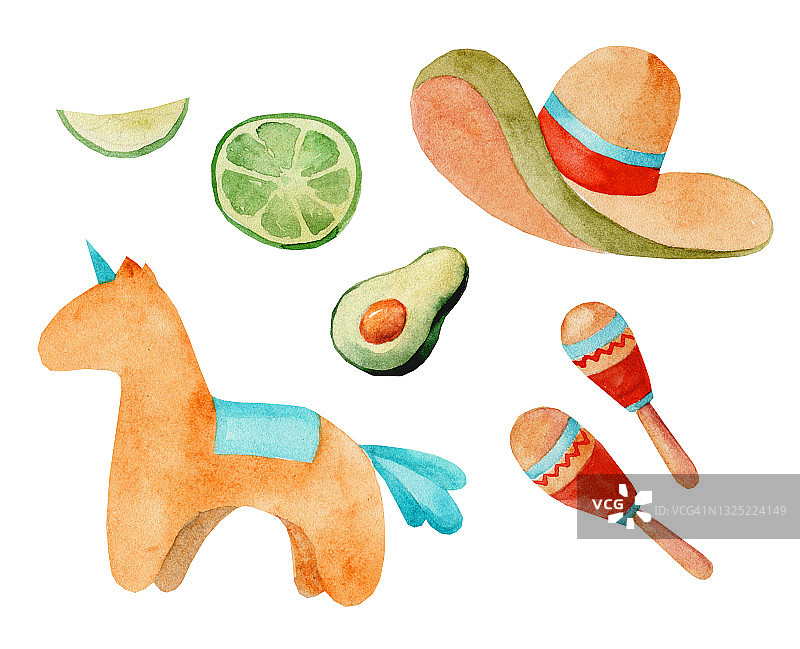一套水彩插图cinco de mayo，墨西哥美食，节日传统节日食品和节日符号旅游插图元素。图片素材
