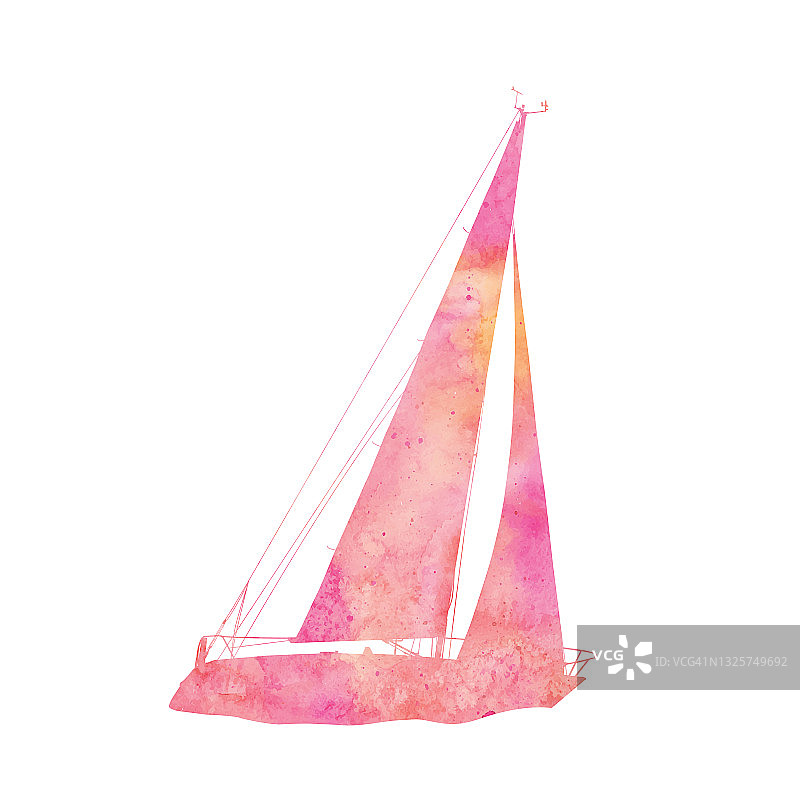 水彩帆船剪影在粉红色和珊瑚色调。向量EPS10图片素材