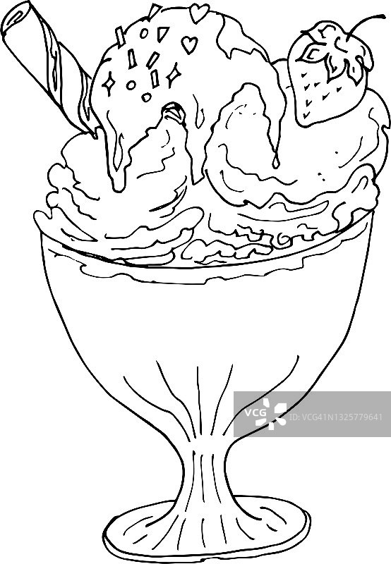 在白色背景上素描冰淇淋杯。矢量插图涂鸦风格。孤立的图片素材