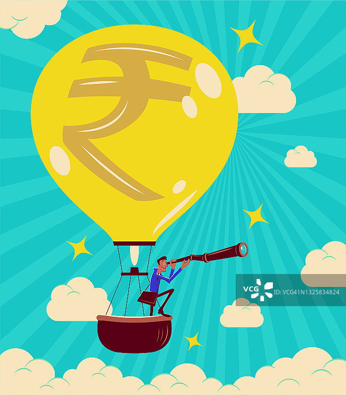 一个成功的商人用望远镜看，乘着印着印度卢比符号的热气球飞起来图片素材
