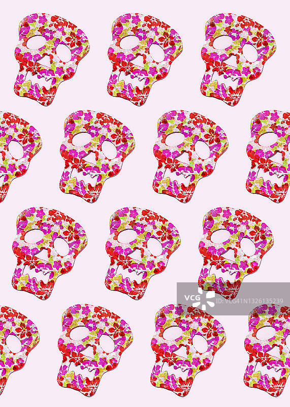 图案的一排排红色头骨面具装饰花卉印花图片素材