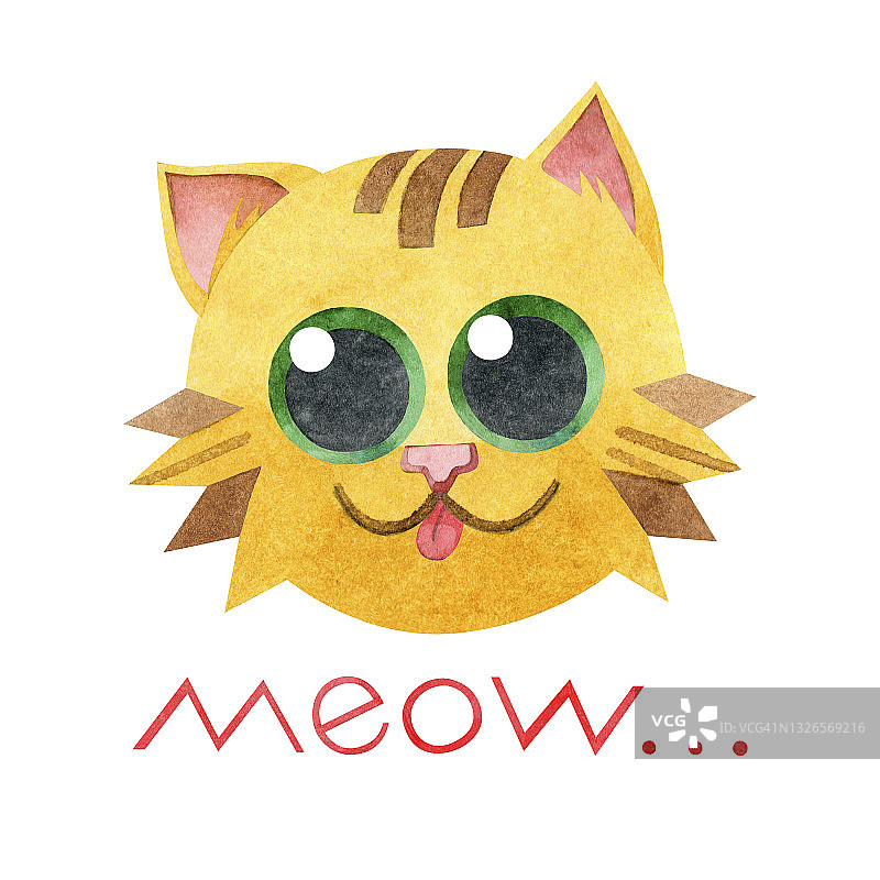 一张有姜黄色猫的明信片。手绘水彩题词“喵”和插图与一个有趣的可爱的小猫在一个白色的背景。用于海报、t恤、纺织品、印刷、卡片、贴纸。图片素材
