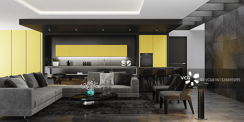 黄色豪华的客厅和厨房与岛桌。黄色的概念。图片素材