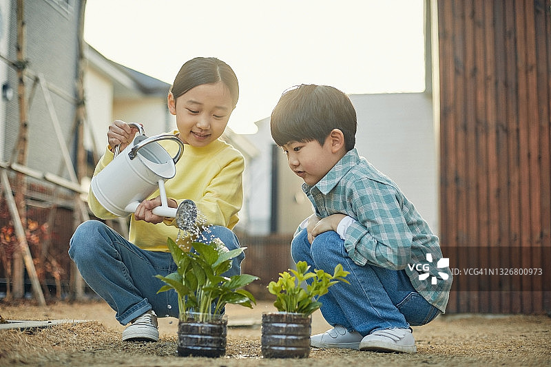孩子浇灌植物图片素材