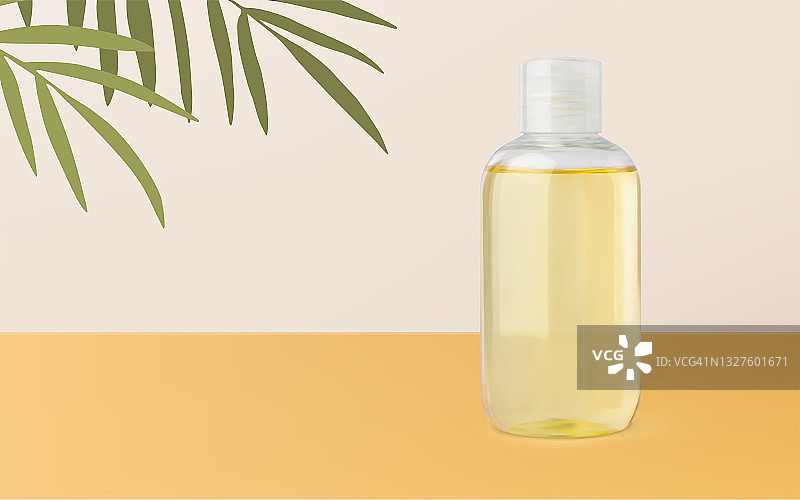 日光浴油或按摩油瓶模型现实的矢量3d插图米黄色背景与棕榈叶。卸妆，化妆品，坚果油，亲水洁面乳图片素材