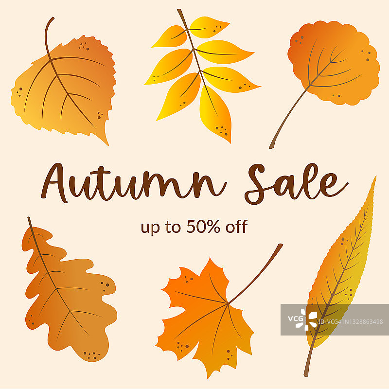 秋季销售横幅模板设计与金色的树叶背景。秋天树叶。营销材料。图片素材