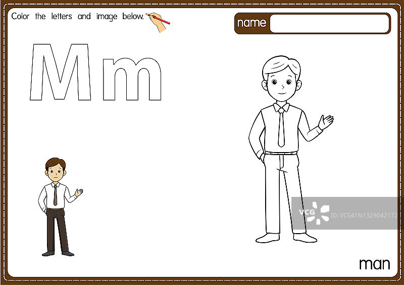 矢量插图的儿童字母着色书页与概述剪贴画，以颜色。字母M代表人。图片素材
