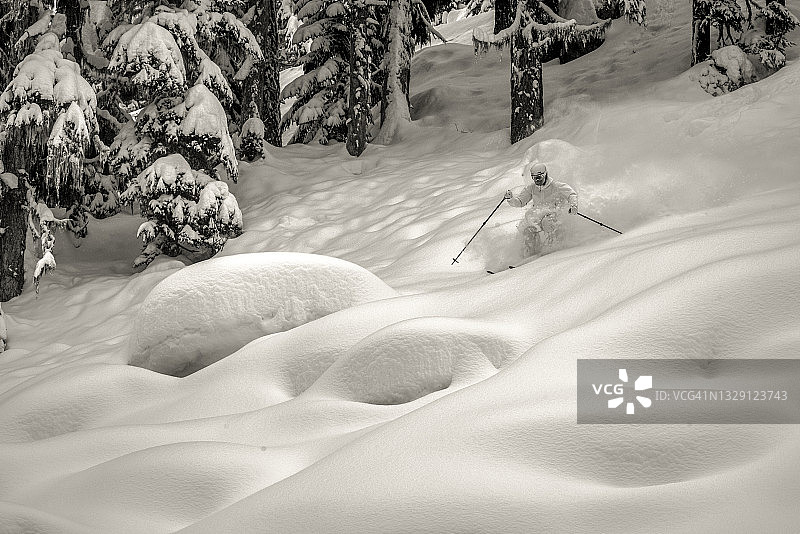 偏远地区的滑雪者穿过积雪的森林图片素材