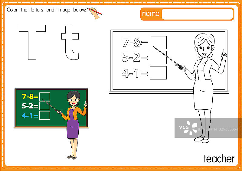 矢量插图的儿童字母着色书页与概述剪贴画，以颜色。字母T代表老师。图片素材