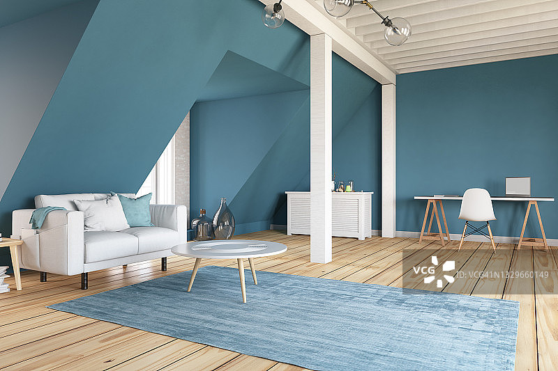 蓝色阁楼内部与沙发和工作空间图片素材