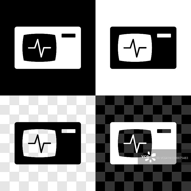 设置计算机监视器与心电图图标隔离在黑色和白色，透明背景。监控图标。手画的心电监护仪。向量图片素材