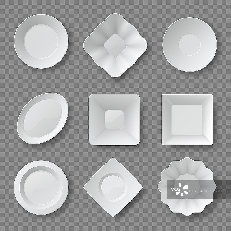 现实的食物盘子。空的白色圆形和方形的盘子和碗。陶瓷板顶视图3d模型。清洁厨房餐具向量集图片素材