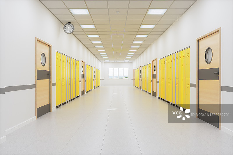 空荡荡的学校走廊，黄色的储物柜和紧闭的门图片素材