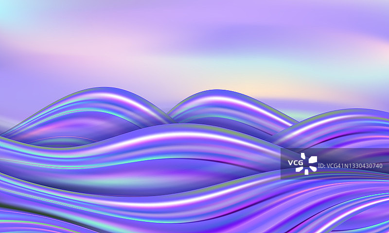 用彩虹波和日落天空装饰景观。幻想风格化，紫蓝全息色流效果。抽象背景，矢量插图图片素材