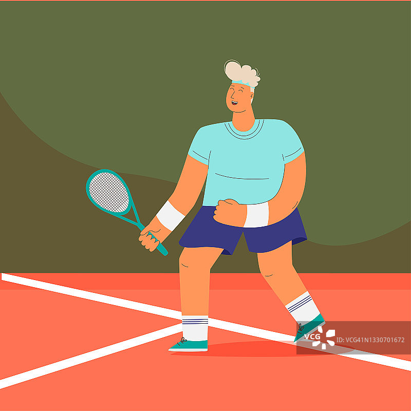 这个男人打网球。运动员运动概念说明。训练，打网球，网球运动员拿着球拍。平面样式向量图片素材