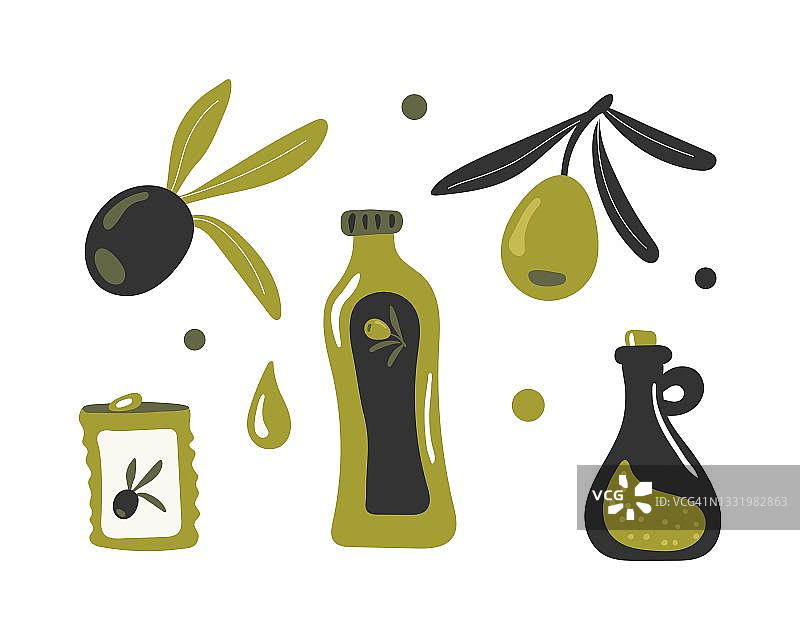 带着新鲜叶子和橄榄的橄榄枝，一瓶橄榄油，一罐橄榄，一滴橄榄油孤立在白色背景上。图像集。矢量图图片素材