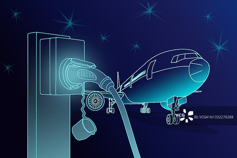 插图素描线和渐变蓝色的电动飞机充电站与插头电源线供应和客货飞机停在地面上深蓝色的天空背景图片素材