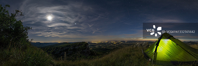 在法国埃扎胡特附近，在普罗旺斯的山头上搭帐篷，在午夜的星空下俯瞰田野的全景图片素材