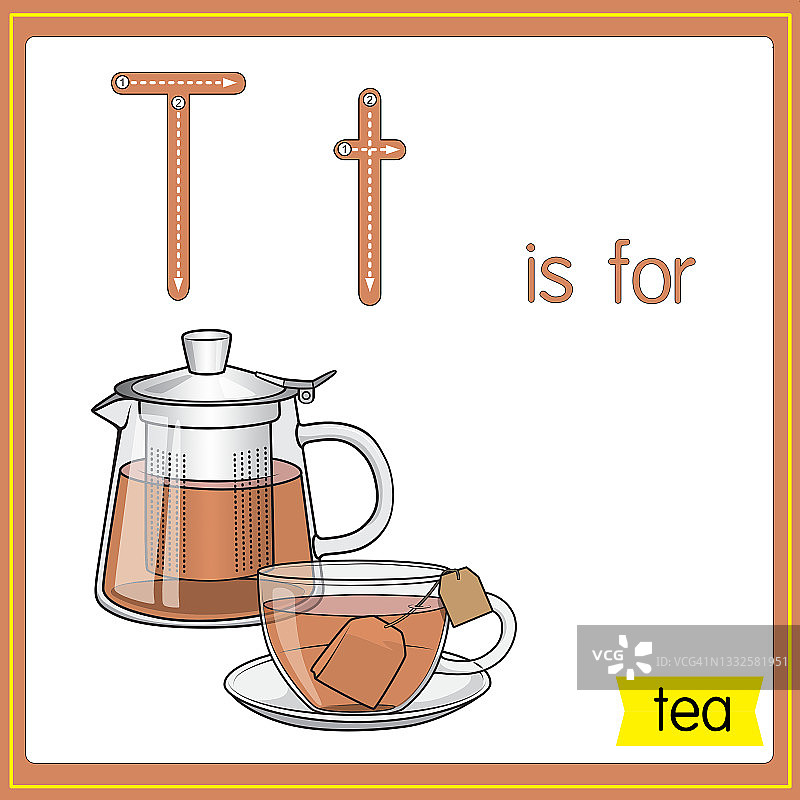 矢量插图学习字母为儿童与卡通形象。字母T代表茶。图片素材