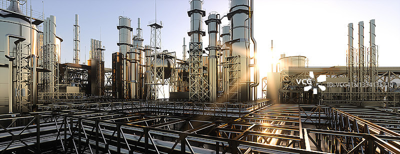 大型炼油厂在日出在一个晴朗的日子3d渲染图片素材