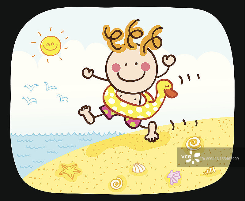 快乐的夏天男孩去海边游泳卡通插图图片素材