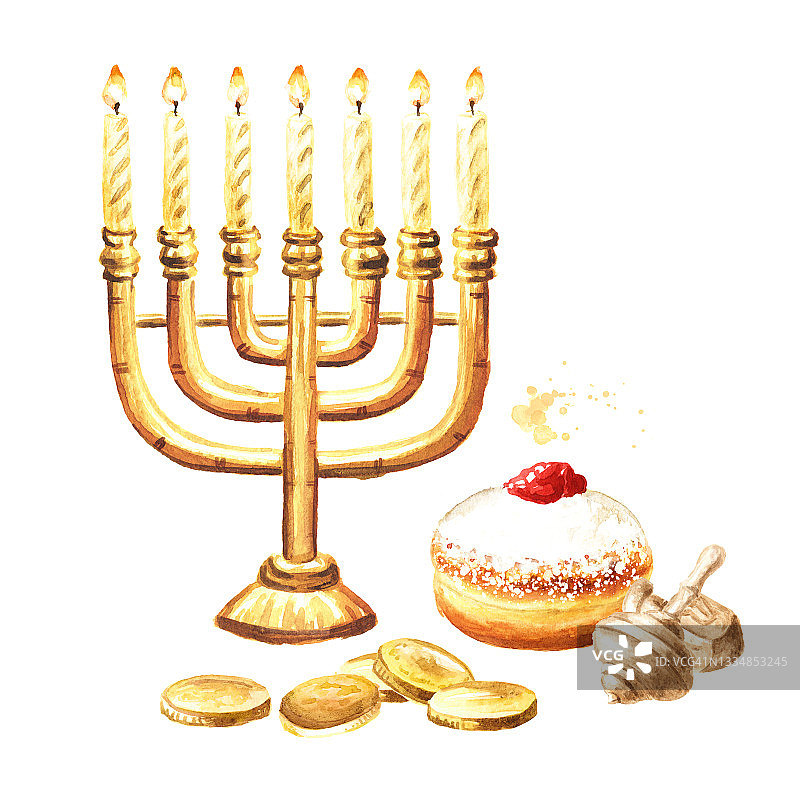 犹太节日光明节概念，传统烛台烛台，甜甜圈，一些硬币和旋转陀螺。手绘水彩插图，孤立在白色背景图片素材