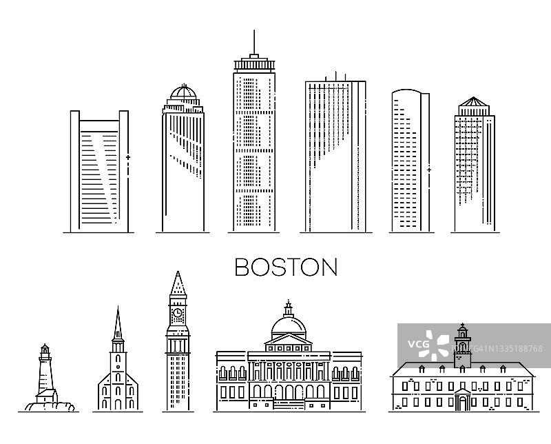 波士顿，马萨诸塞州，旅游地标的历史建筑细线图标图片素材