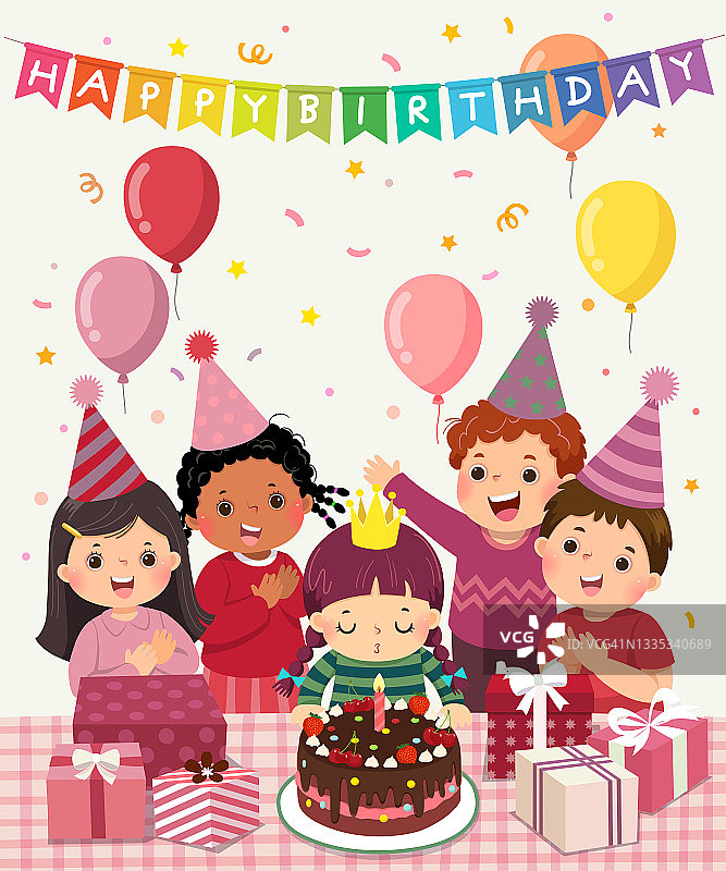 向量插图卡通快乐的一群孩子在生日聚会上玩。小女孩吹灭生日蛋糕上的蜡烛。图片素材