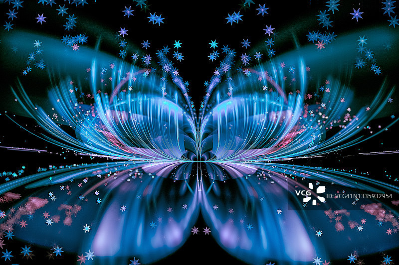 黑色背景上的蓝色径向技术蝴蝶花分形图片素材