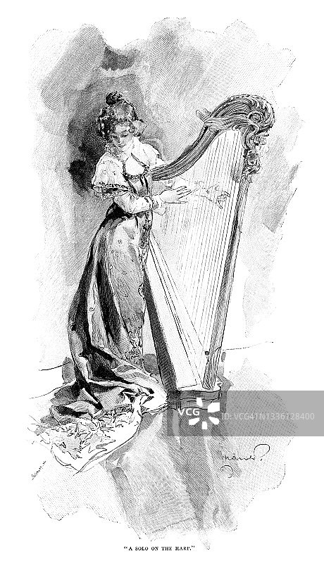 维多利亚时代晚期弹奏竖琴的妇女图片素材