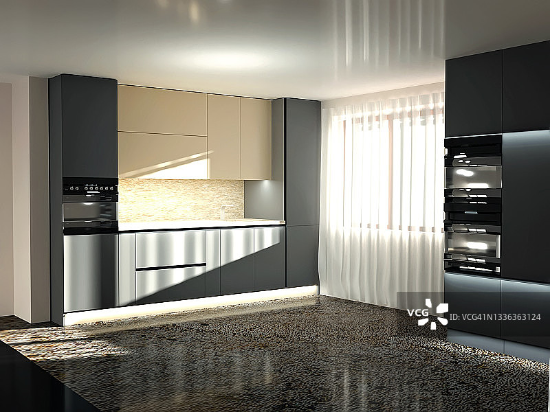 极简风格的现代厨房，3d渲染。图片素材