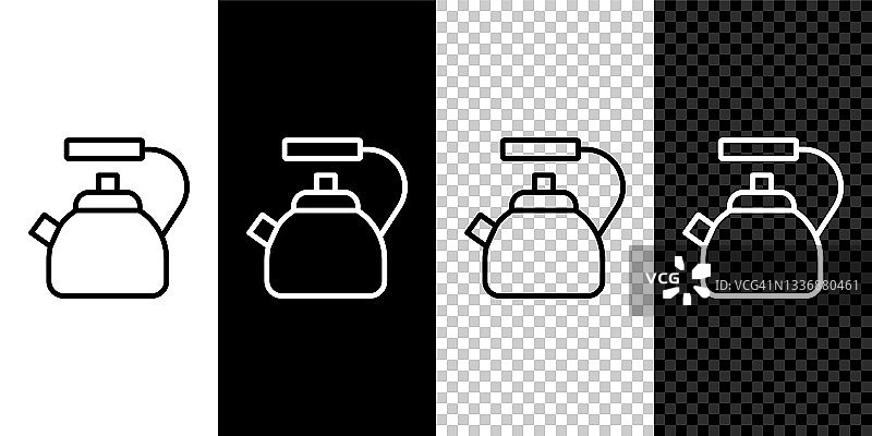 设置线水壶与手柄图标隔离在黑白，透明的背景。茶壶图标。向量图片素材