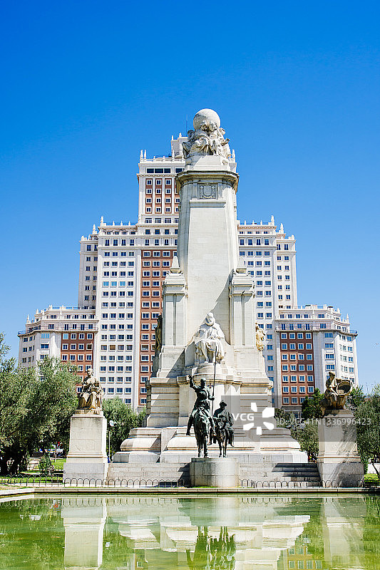 马德里西班牙大厦前的西班牙广场和塞万提斯纪念碑图片素材