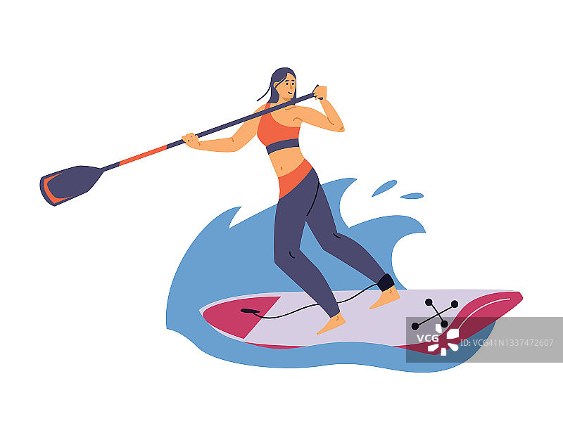 女子划船站在宽桨板，平面矢量插图孤立。图片素材