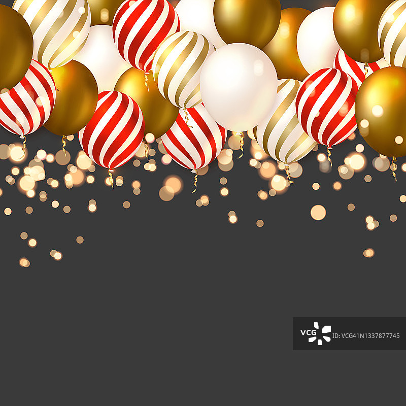 优雅奢华的金色螺旋红丝带气球生日快乐庆祝卡横幅模板背景图片素材