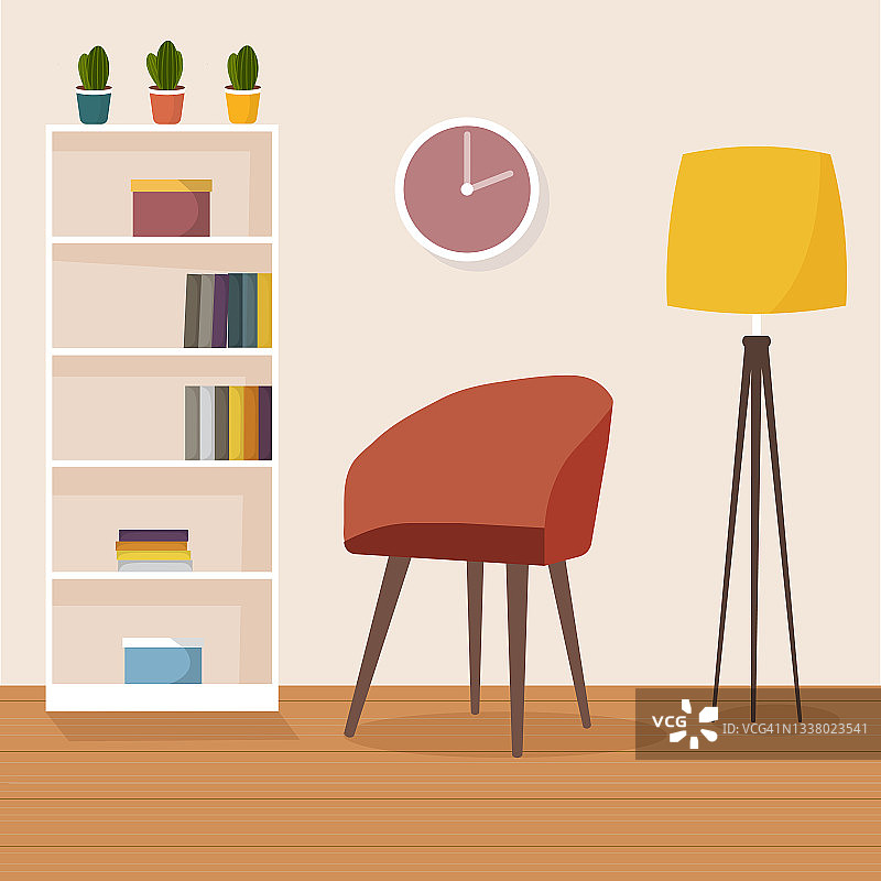 现代客厅内部。舒适的红色扶手椅、落地灯、书柜和室内植物。平面风格矢量插图。图片素材