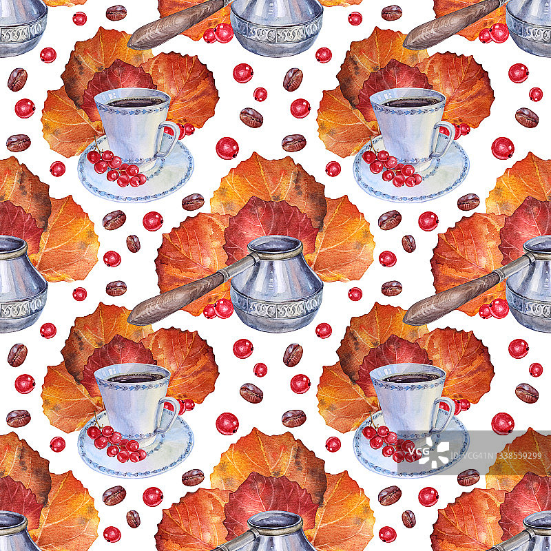 秋季无缝图案水彩杯热咖啡，豆，土耳其塞泽，橙叶，红醋栗，饮料上白。大自然手绘植物叶子。万圣节的创意背景，菜单图片素材