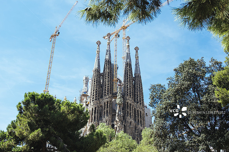 在西班牙巴塞罗那，圣塔Família被茂密的树木和起重机包围着图片素材