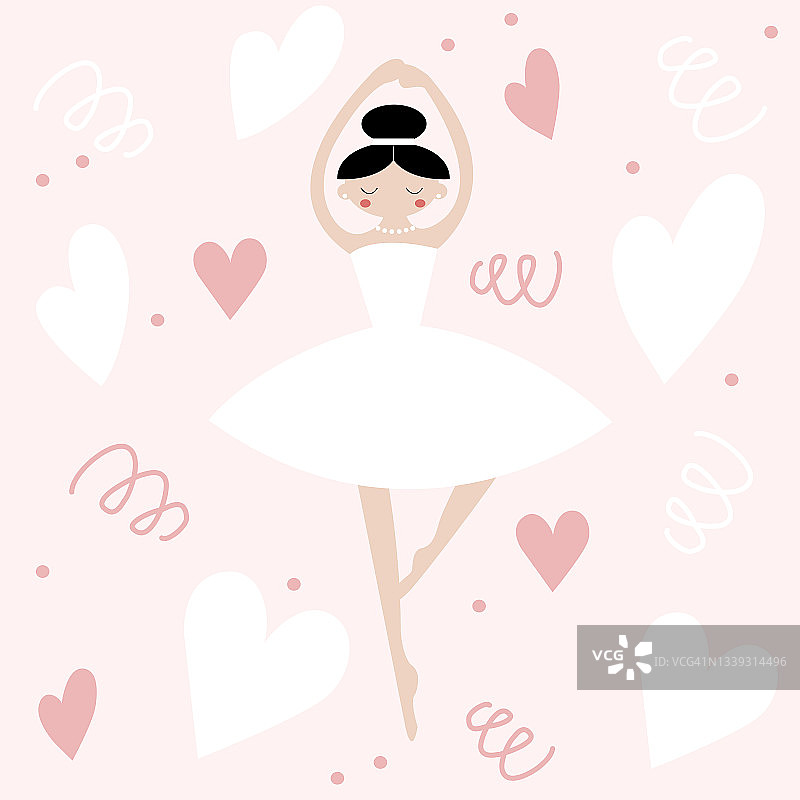 向量插图可爱的芭蕾舞女与心在粉红色的背景为可爱的明信片，标志，为儿童的房间的设计，为请柬，贺卡，名片图片素材
