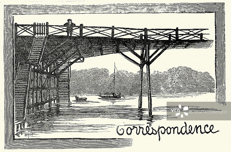 站在桥上或河上的码头上的人物，维多利亚时代的艺术插图图片素材