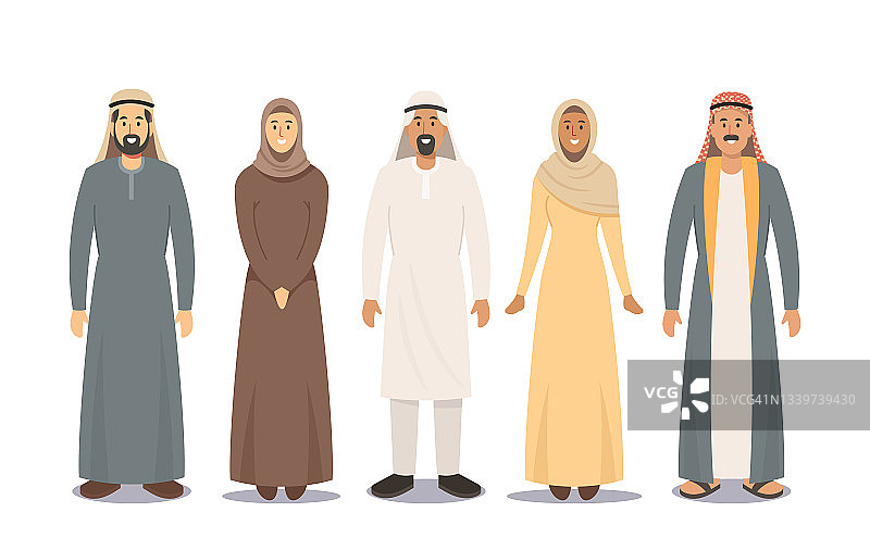 阿拉伯人男性和女性角色。沙特男人穿Thawb或Kandura，女人穿Hijab或Abaya传统服装图片素材