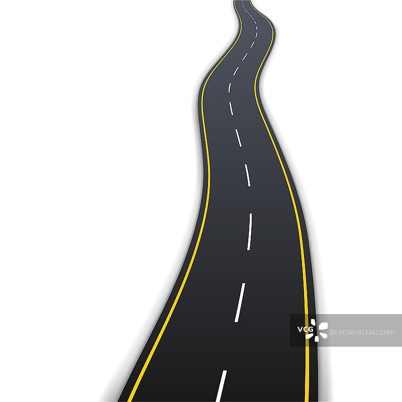 柏油路，白色和黄色标志，车辆驾驶隔离在白色背景图片素材