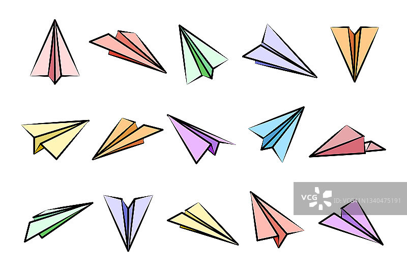 各种手绘纸飞机。彩色涂鸦飞机。飞机图标，简单的平面轮廓。轮廓,线条艺术。矢量图图片素材