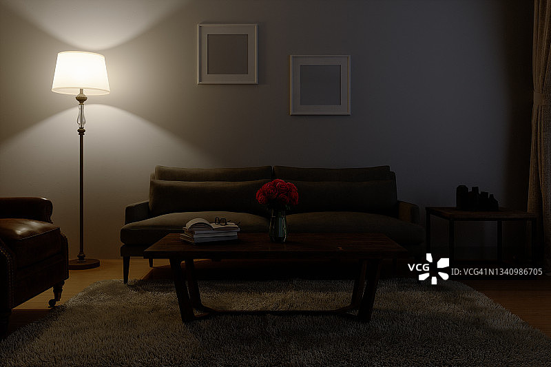 北欧风格的客厅室内在晚上图片素材