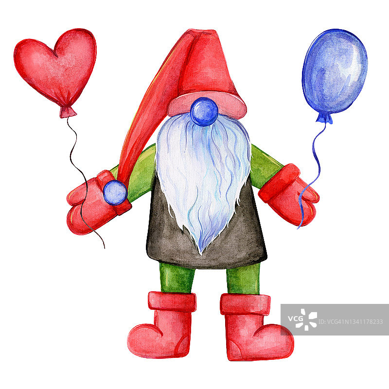 侏儒和一个气球。gnome圣诞老人。水彩插图图片素材
