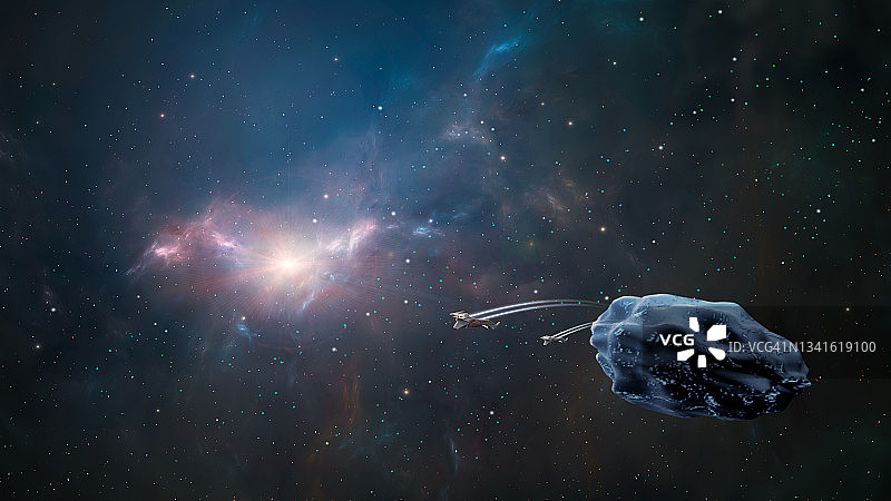 空间背景。两艘宇宙飞船从带有彩色星云和星星的小行星上飞出来。数字绘画，3D渲染图片素材